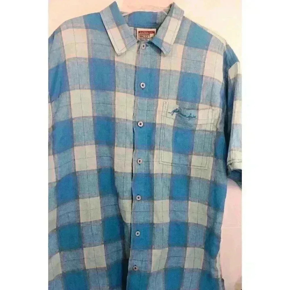 Fubu Platinum Mens Blue Plaid Short Sleeve,‎ Size L